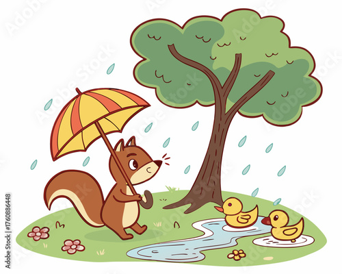 Squirrel under an umbrella with ducks in a puddle