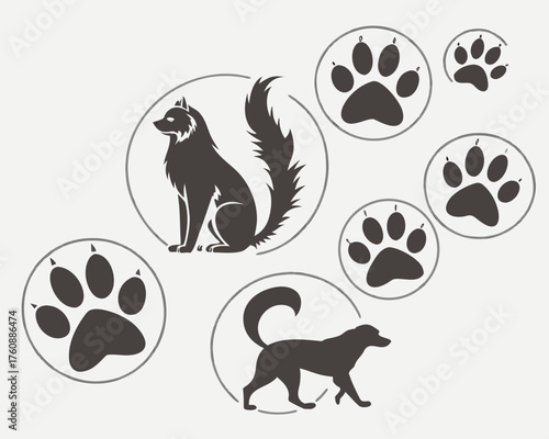 Silhouetted animals and paw prints in circles