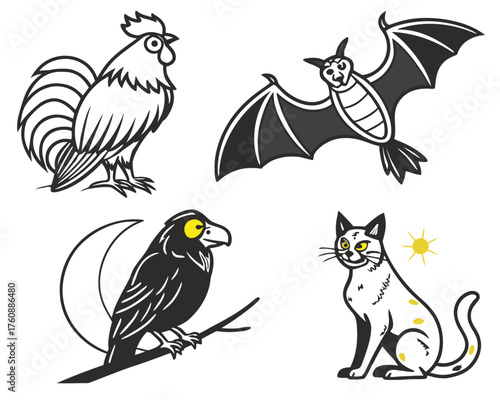 Rooster, bat, raven, and cat vector illustration