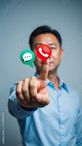 Man selecting communication icons on screen with his finger in a business setting up close