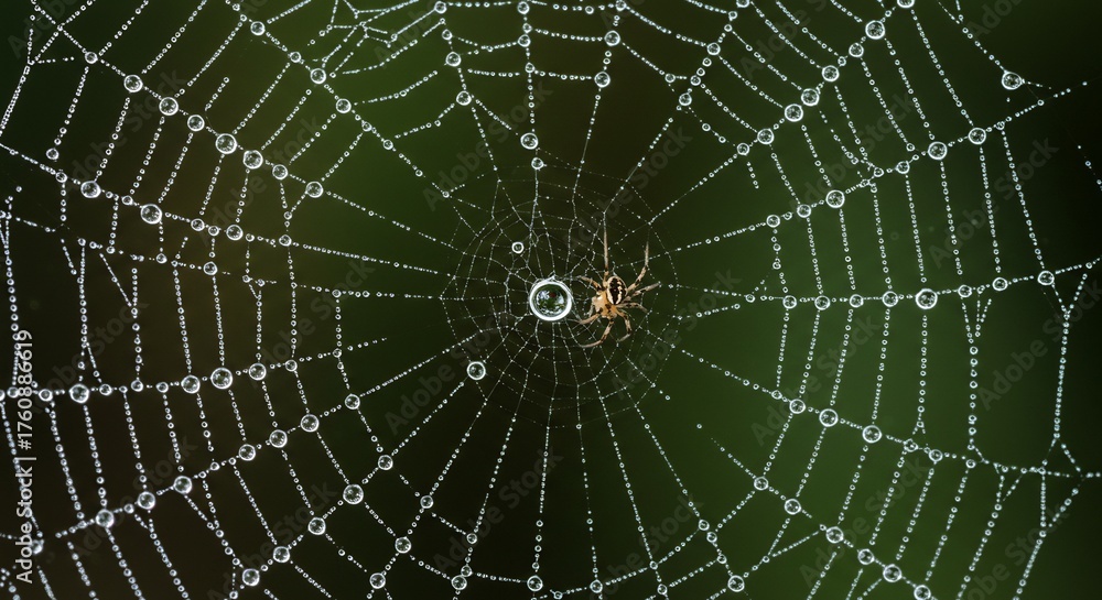 Obraz premium Macro Dew Drops on Spiderweb in Forest