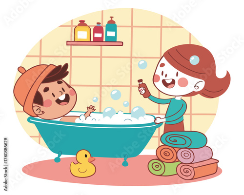 Kids taking a bubble bath with rubber duck and bath products