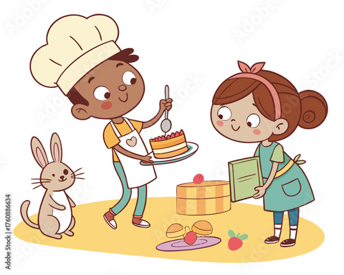 Kids are making a cake with their rabbit friend