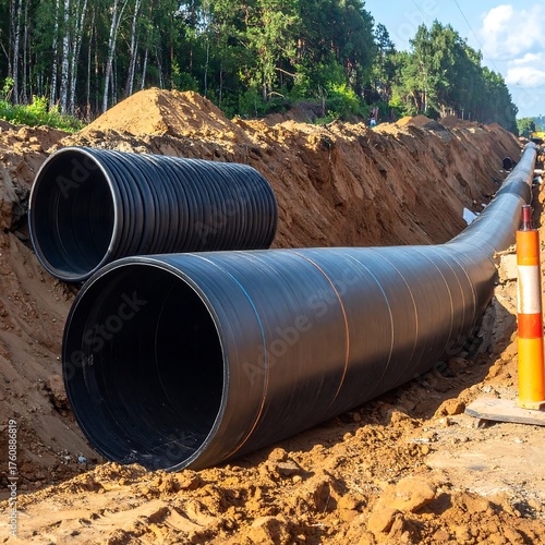 Wallpaper Mural Large Black Pipes in a Trench for Infrastructure Project. Torontodigital.ca