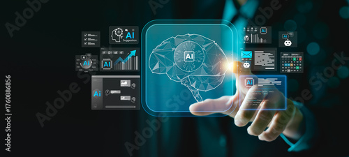AI agent data tools for business analytics and intelligent automation, showing digital brain hologram interface with futuristic technology for smart decision making, deep learning, data-driven