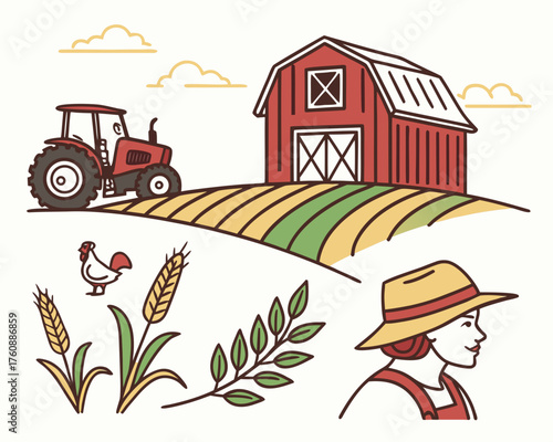 Farm scene with tractor, barn, farmer, and chicken