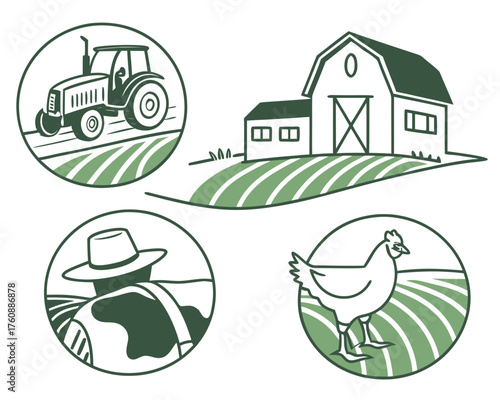 Farm icons featuring tractor, barn, farmer, and chicken