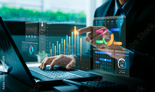 Financial data visualization with digital charts and analytics dashboard, showing business growth, performance metrics, and innovation, representing financial analysis, big data, business intelligence