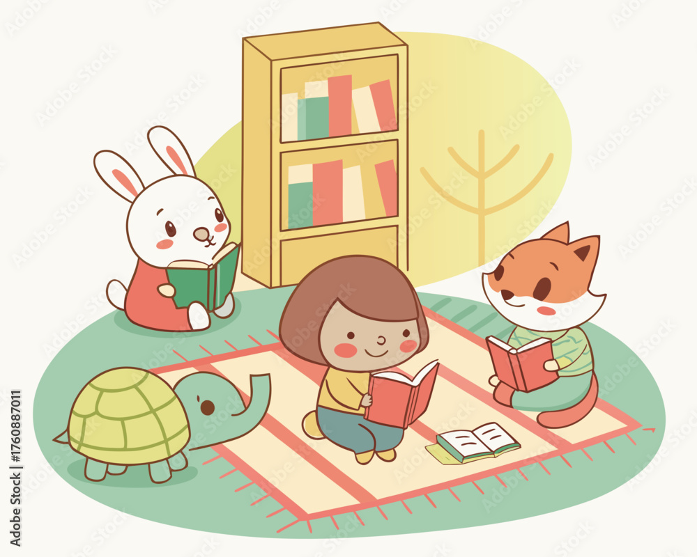 Naklejka premium Cute animals reading books in a bright room