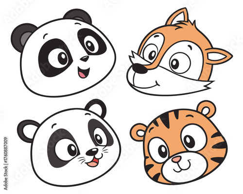 Cute cartoon animal heads featuring panda and tiger