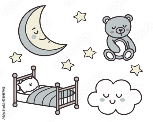 Cute bedtime scene featuring a moon, stars, bed, teddy bear, and cloud