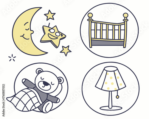 Collection of baby icons featuring moon, crib, teddy bear, and lamp
