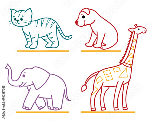 Colorful outline drawing of domestic and wild animals