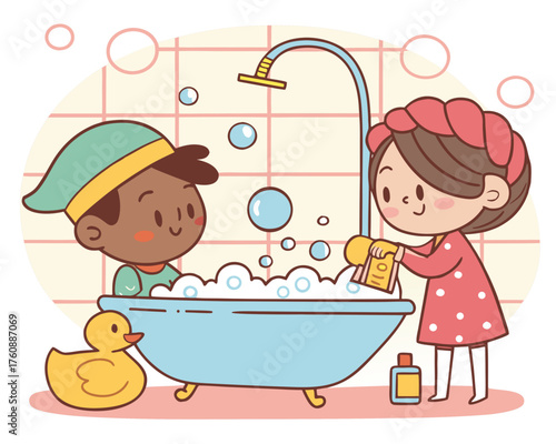 Children taking a bubble bath with rubber duck