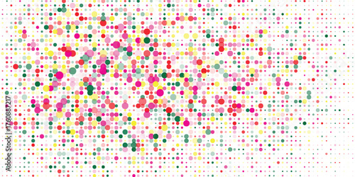 Abstract vector background made of colorful overlapping dots in pink, red, yellow, and green tones, creating a lively and playful dotted pattern on a white surface.