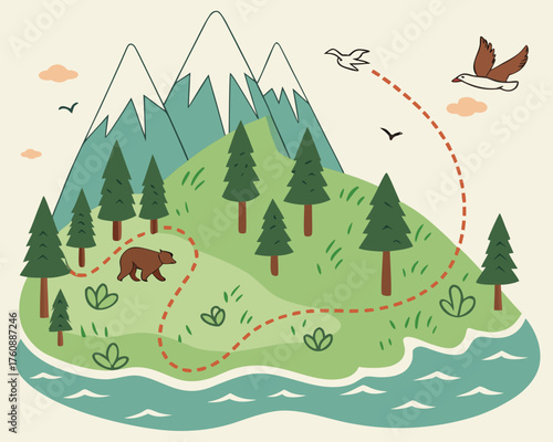 Cartoon island with mountains, trees, bear, birds, and a winding path