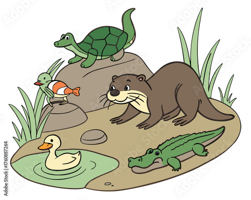 Cartoon illustration of various animals in a natural habitat