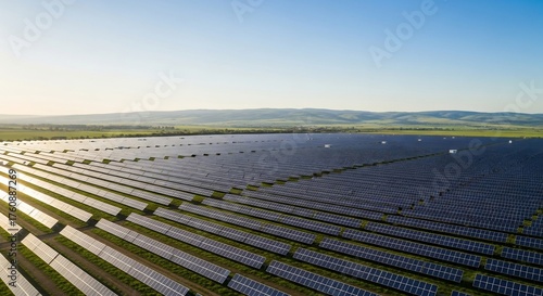 Expansive Solar Farm under Clear Blue Sky