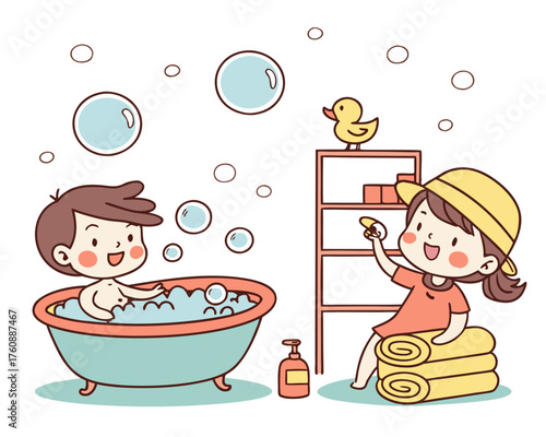 Boy taking a bubble bath while girl plays with toys