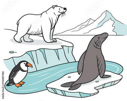Arctic animals on ice floes, including a polar bear and a puffin