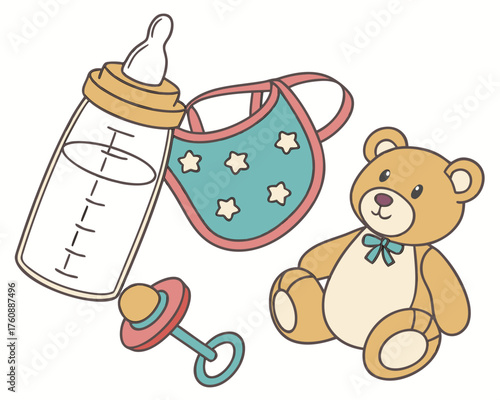 Baby essentials, including bottle, bib, and teddy bear