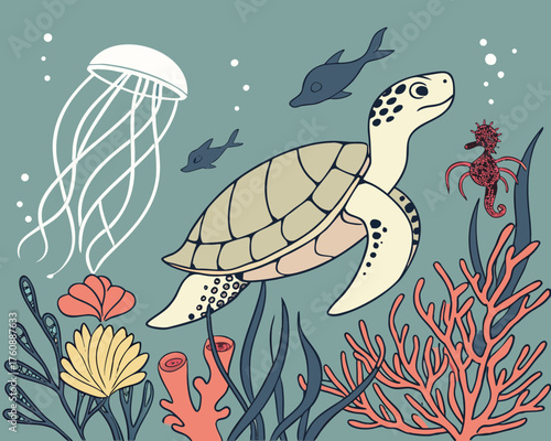 A serene underwater scene featuring a turtle, jellyfish, and coral reef