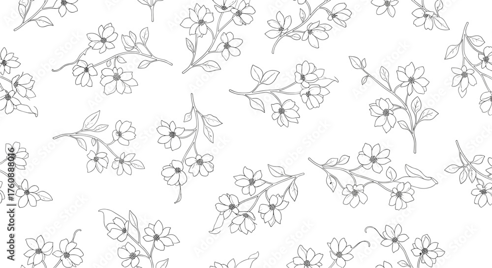 Fototapeta premium A delicate black and white floral pattern with scattered botanical elements.