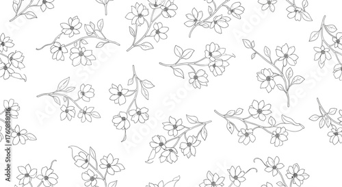 A delicate black and white floral pattern with scattered botanical elements.