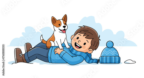 A happy boy and his dog playing in the snow.