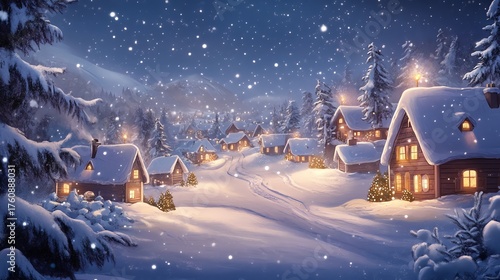 Magical Christmas Village in Snowy Mountain Landscape