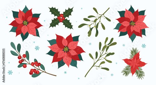 Collection of festive poinsettia and mistletoe elements with holly berries and snowflakes.