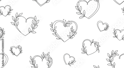 Seamless pattern of sketched hearts with floral accents.