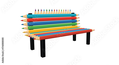 A unique park bench designed to look like stacked colored pencils.