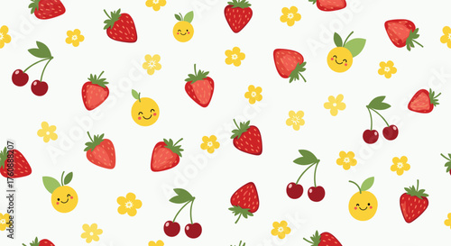 A cute pattern of pixelated fruits and flowers.