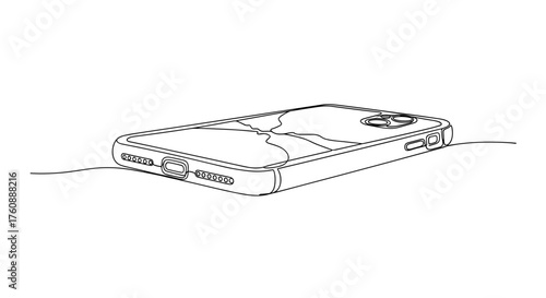 Phone with cracked case in minimalist line art – symbol of imperfection and usage