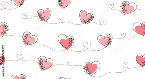 Seamless pattern of hand drawn pink hearts and dotted lines.