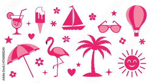 A collection of pink summer icons and symbols for design.
