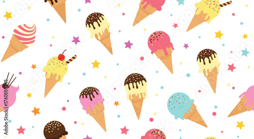 A delightful pattern of colorful ice cream cones and stars.