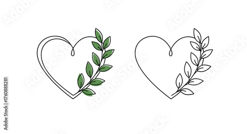A delicate heart shape adorned with a sprig of green leaves.
