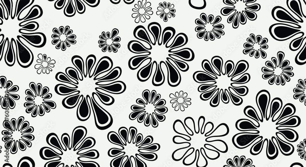Fototapeta premium Abstract black and white floral pattern with a doodle style.