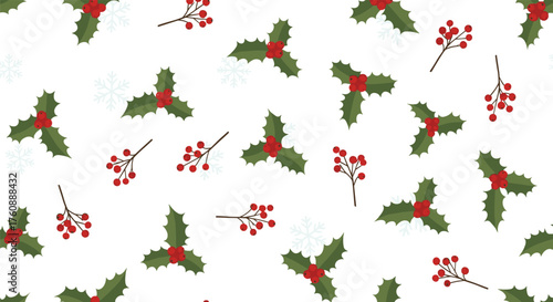 A festive pattern of holly leaves and red berries scattered across a white background with snowflakes.