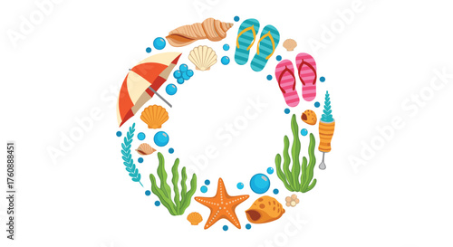 Circular wreath of beach and ocean elements.