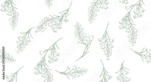 A delicate pattern of green leaves scattered across a white background.
