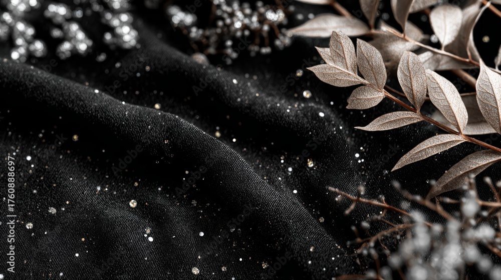 Fototapeta premium Elegant Black Velvet with Silver Tinsel and Sparkles for Seasonal Design