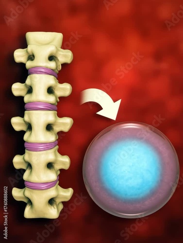 Anatomical representation of human lumbar vertebrae adjacent to translucent biological cell nucleus