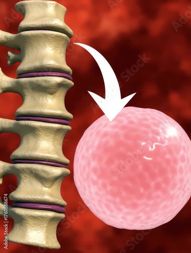 Detailed anatomical view of lumbar vertebrae with pink discs near translucent cell and blue nucleus
