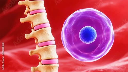 Human lumbar spine with detailed vertebrae and intervertebral discs beside translucent cell nucleus