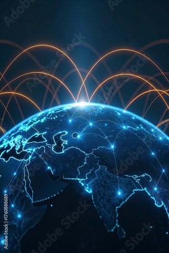 lobal network connection over the world. Internet New Best Concept of global business.World map with glowing lines on dark background. Network and communication show concept. 3D Rendering	