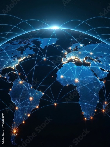 lobal network connection over the world. Internet New Best Concept of global business.World map with glowing lines on dark background. Network and communication show concept. 3D Rendering	