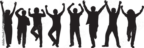 Silhouette crowd celebrating success raising arms